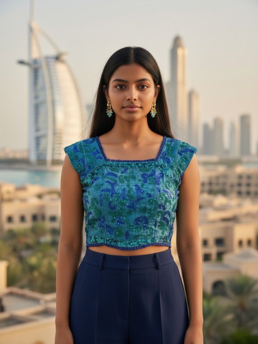 Neeru’s India Luxe Sequin Crop Top Blouse - Royal Teal & Emerald - M